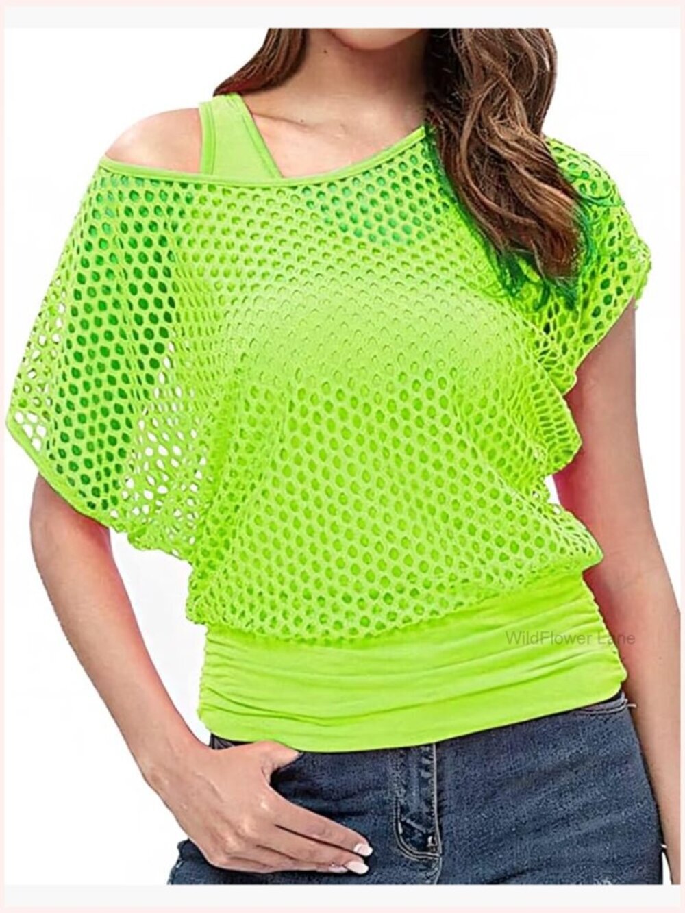 Sexy Off Shoulder Fishnet Tank Top 2 Piece Set 80s 90s Costume Tee